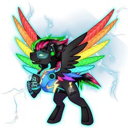 Size: 2000x2000 | Tagged: safe, artist:chvrchgrim, imported from derpibooru, oc, oc only, oc:krypt, pegasus, pony, clothes, colored wings, cyber, cyberpunk, male, multicolored wings, neon, piercing, rainbow wings, simple background, solo, stallion, transparent background, uniform, wings, wonderbolts uniform