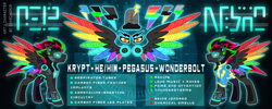 Size: 3000x1200 | Tagged: safe, artist:chvrchgrim, imported from derpibooru, oc, oc:krypt, pegasus, pony, clothes, colored wings, cyber, cyberpunk, male, multicolored wings, neon, piercing, rainbow wings, reference sheet, stallion, uniform, wings, wonderbolts uniform
