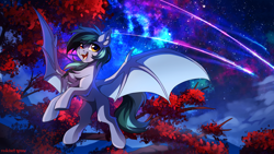 Size: 2500x1406 | Tagged: safe, artist:redchetgreen, imported from derpibooru, oc, oc only, oc:scrimmy, bat pony, pony, bat pony oc, bat wings, chest fluff, complex background, ear fluff, fangs, flying, heterochromia, looking at you, male, night, shooting star, slim, smiling, smiling at you, solo, spread wings, stars, thin, tree, wallpaper, wings