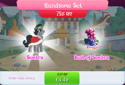 Size: 1267x862 | Tagged: safe, idw, imported from derpibooru, king sombra, pony, unicorn, black mane, black tail, bundle, bush, bust, cape, clothes, costs real money, crystal, english, gameloft, gate, gray coat, grey fur, horn, idw showified, male, metal, my little pony: magic princess, numbers, official, reformed sombra, royal cape, sale, smiling, solo, solo focus, stallion, tail, text