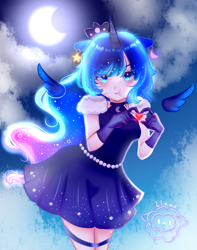 Size: 1500x1900 | Tagged: safe, artist:llamafloof, imported from derpibooru, princess luna, human, :t, alicorn humanization, blushing, clothes, crown, cute, dress, ear piercing, eared humanization, earring, female, floating wings, gloves, heart, horned humanization, humanized, jewelry, lunabetes, necklace, piercing, regalia, skirt, solo, winged humanization, wings