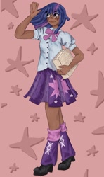 Size: 1217x2051 | Tagged: safe, artist:oleajn, imported from derpibooru, twilight sparkle, human, blushing, book, bowtie, clothes, dark skin, female, glasses, humanized, leg warmers, shirt, shoes, skirt, socks, solo, stars