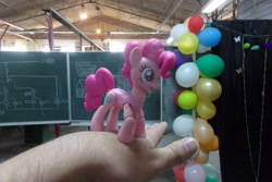 Size: 4608x3072 | Tagged: safe, artist:dingopatagonico, imported from derpibooru, pinkie pie, earth pony, pony, balloon, chalkboard, hand, irl, photo, solo, toy