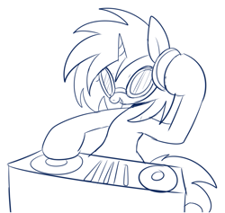 Size: 979x928 | Tagged: safe, artist:maren, imported from derpibooru, dj pon-3, vinyl scratch, pony, unicorn, 2014, bipedal, doodle, glasses, headphones, old art, open mouth, smiling, solo, turntable