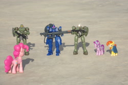 Size: 4608x3072 | Tagged: safe, artist:dingopatagonico, imported from derpibooru, pinkie pie, starlight glimmer, sunburst, earth pony, pony, unicorn, gundam, irl, leo mobile suit, photo, toy, vayeate mobile doll