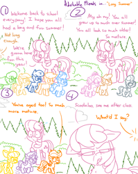 Size: 4779x6013 | Tagged: safe, artist:adorkabletwilightandfriends, imported from derpibooru, apple bloom, cheerilee, diamond tiara, noi, scootaloo, silver spoon, sweetie belle, oc, oc:johnny, oc:trevor, earth pony, pegasus, pony, unicorn, comic:adorkable twilight and friends, adorkable, adorkable friends, age difference, age progression, angry, autumn, comic, cute, cutie mark crusaders, disgusted, dork, earnest schoolpony, expression, expressions, facial expressions, faic, female, filly, floppy ears, foal, funny, grass, hopping, humor, jumping, mood whiplash, older, outdoors, school, this will end in detention, tree, upset, walking