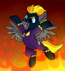 Size: 1100x1204 | Tagged: safe, artist:rutkotka, imported from derpibooru, oc, oc only, oc:blaze (shadowbolt), pegasus, pony, antagonist, chibi, clothes, commission, costume, elmo, evil, fire, male, pegasus oc, shadowbolts, shadowbolts costume, solo, stallion, your character here