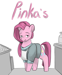 Size: 914x1100 | Tagged: safe, artist:smirk, imported from derpibooru, pinkie pie, earth pony, pony, apron, box, clothes, counter, lidded eyes, pinkamena diane pie, ponytail, solo