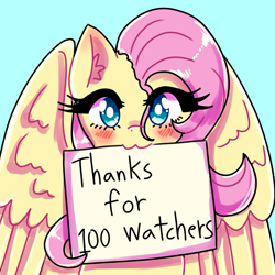 Size: 1800x1800 | Tagged: safe, artist:mylittleyuri, imported from derpibooru, fluttershy, pegasus, pony, blue background, blushing, cute, female, mare, milestone, milestone celebration, mouth hold, shyabetes, sign, simple background, solo