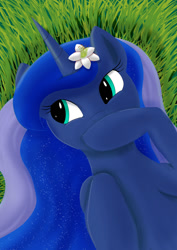 Size: 1024x1449 | Tagged: safe, artist:fizzban08, imported from derpibooru, princess luna, alicorn, pony, digital art, female, flower, flower in hair, grass, hoof over mouth, lying down, lying on the ground, mischievous, on back, raised hoof, solo