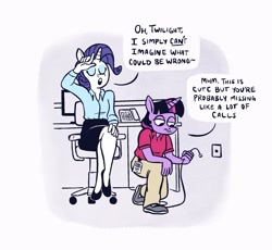 Size: 1913x1761 | Tagged: safe, artist:horsewizardart, imported from derpibooru, rarity, twilight sparkle, anthro, plantigrade anthro, unicorn, chair, clothes, crossed legs, dialogue, duo, duo female, eyes closed, eyeshadow, female, lesbian, makeup, office, office chair, open mouth, pants, phone cord, rarilight, shipping, shirt, shoes, sitting, skirt, sneakers, speech bubble, unamused