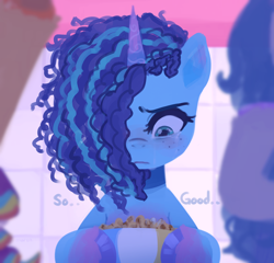 Size: 3262x3130 | Tagged: safe, artist:maren, imported from derpibooru, izzy moonbow, sunny starscout, earth pony, pony, unicorn, spoiler:my little pony: make your mark chapter 2, spoiler:myms01e06, female, freckles, g5, hair over one eye, mare, misty brightdawn, my little pony: make your mark, my little pony: make your mark chapter 2, scene interpretation, solo focus, teary eyes, that pony sure does love popcorn, the traditional unicorn sleep-over