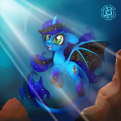 Size: 1920x1920 | Tagged: safe, artist:redi, imported from derpibooru, oc, oc only, alicorn, bat pony, bat pony alicorn, original species, bat wings, curved horn, fangs, fish tail, floppy ears, flowing mane, flowing tail, horn, ocean, solo, sunlight, swimming, tail, underwater, water, wings