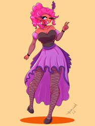 Size: 1800x2400 | Tagged: safe, artist:mylittleyuri, imported from derpibooru, pinkie pie, human, alternate hairstyle, clothes, dark skin, dress, elf ears, female, fishnets, grin, high heels, humanized, one eye closed, peace sign, saloon dress, saloon pinkie, shoes, simple background, smiling, socks, solo, stockings, thigh highs, wink, yellow background
