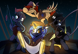 Size: 3348x2298 | Tagged: safe, artist:luxsimx, artist:witchtaunter, imported from derpibooru, oc, oc only, oc:arkessa, oc:eldin, oc:machaera, oc:witching hour, fish, pegasus, pony, unicorn, clothes, collaboration, ear piercing, earring, eyepatch, fangs, fishing rod, hat, jewelry, map, piercing, pirate, pirate hat, pirate ship, sea of thieves