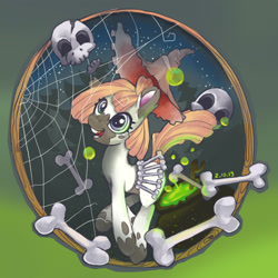 Size: 1920x1920 | Tagged: safe, artist:redi, imported from derpibooru, oc, oc only, earth pony, pony, bone, cauldron, halloween, happy, hat, holiday, skull, smiling, solo, spider web, witch hat