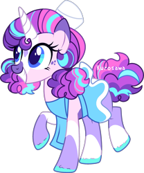 Size: 1945x2333 | Tagged: safe, artist:kurosawakuro, imported from derpibooru, oc, oc only, pony, unicorn, apron, base used, blue eyes, clothes, coat markings, colored hooves, facial markings, female, freckles, grin, hat, horn, mare, offspring, parent:pinkie pie, parent:shining armor, parents:shiningpie, pigtails, short tail, simple background, skirt, smiling, solo, star (coat marking), tail, transparent background, unicorn oc