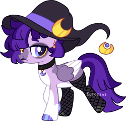 Size: 2461x2350 | Tagged: safe, artist:kurosawakuro, imported from derpibooru, oc, oc only, pegasus, pony, base used, choker, coat markings, colored eyelashes, colored hooves, colored wings, ear piercing, earring, female, fishnets, folded wings, frown, hat, heterochromia, hoof polish, jewelry, lipstick, mare, pegasus oc, piercing, purple eyes, simple background, socks (coat markings), solo, transparent background, trotting, two toned wings, wings, witch hat, yellow eyes
