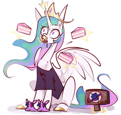 Size: 3508x3328 | Tagged: safe, artist:drakekok, imported from derpibooru, princess celestia, princess luna, twilight sparkle, alicorn, pony, cake, cake slice, cakelestia, clothes, crown, female, food, hoof shoes, jewelry, meme, mug, regalia, sign, simple background, slippers, solo, spread wings, stare, that pony sure does love cakes, white background, wings