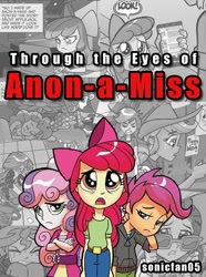 Size: 762x1024 | Tagged: safe, idw, imported from derpibooru, apple bloom, scootaloo, sweetie belle, human, fanfic:through the eyes of anon-a-miss, equestria girls, spoiler:comic, spoiler:comicholiday2014, anon-a-miss, fanfic, fanfic art, fanfic cover, reality ensues