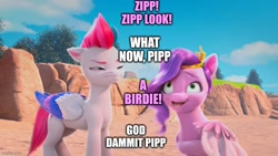 Size: 800x450 | Tagged: safe, edit, edited screencap, editor:professorventurer, imported from derpibooru, screencap, pipp petals, zipp storm, pegasus, pony, spoiler:my little pony: make your mark chapter 2, spoiler:myms01e03, duo, exchange, faic, female, g5, mare, meme, moon moon, my little pony: make your mark, my little pony: make your mark chapter 2, pipp petals is best facemaker, portrait of a princess, stupid, unamused, vulgar, zipp storm is not amused