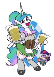 Size: 650x925 | Tagged: safe, artist:jargon scott, imported from derpibooru, princess celestia, twilight sparkle, alicorn, pony, unicorn, alcohol, beer, beer stein, clothes, dirndl, dress, drink, drinking, female, filly, filly twilight sparkle, foal, food, hoof hold, kneesocks, looking at you, mare, meat, oktoberfest, open mouth, open smile, sausage, shoes, simple background, smiling, smiling at you, socks, squatpony, twiggie, unicorn twilight, white background, younger