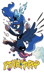 Size: 619x1011 | Tagged: safe, artist:tonyfleecs, idw, imported from derpibooru, princess luna, alicorn, pony, friends forever, spoiler:comic, cup, epic fail, fail, female, food, majestic as fuck, marbles, mare, onomatopoeia, punch (drink), simple background, solo, whipped cream, white background, whoopee cushion