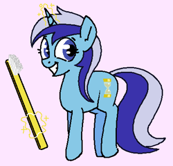 Size: 431x414 | Tagged: safe, artist:kleyime, imported from derpibooru, minuette, pony, unicorn, female, looking at you, lowres, magic, mare, pixelated, simple background, smiling, solo, telekinesis, toothbrush