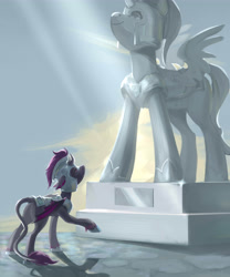 Size: 5000x6000 | Tagged: safe, artist:chi-eca, artist:hichieca, imported from derpibooru, oc, oc only, oc:akasa, oc:eternal light, alicorn, original species, alicorn oc, armor, butt, helmet, horn, horns, looking up, plaque, plot, ponytail, shadow, smiling, statue, wings