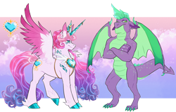 Size: 2896x1846 | Tagged: safe, artist:jeshh, imported from derpibooru, princess flurry heart, spike, alicorn, dragon, pony, crossed arms, crystal heart, duo, older, older flurry heart, older spike, winged spike, wings