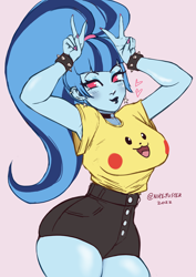 Size: 1754x2480 | Tagged: safe, artist:nire, imported from derpibooru, sonata dusk, human, pikachu, equestria girls, armpits, big breasts, blushing, breasts, busty sonata dusk, choker, clothes, curvy, cute, double peace sign, ear piercing, earring, eyeshadow, female, floating heart, heart, jewelry, lipstick, makeup, nail polish, peace sign, piercing, pokémon, ponytail, shorts, simple background, sonatabetes, spiked wristband, thighs, wide hips, wristband