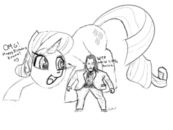Size: 1063x793 | Tagged: safe, artist:floof hoof, imported from derpibooru, rarity, pony, unicorn, crouching, female, happy, happy birthday, keanu reeves, macro, mare, micro, monochrome, raised tail, sketch, tail