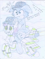 Size: 2550x3300 | Tagged: safe, artist:fliegerfausttop47, imported from derpibooru, sweetie belle, oc, oc only, oc:flow, bird, original species, plane pony, robot, wolf, wolf pony, back fluff, baseball cap, cap, cheek fluff, chest fluff, cloud, cloudy, cute, daaaaaaaaaaaw, description is relevant, detailed background, duo, ear fluff, fbi, fear, female, fighter, floppy ears, fluffy, fluffy tail, flying, hat, jet fighter, leg fluff, male, missile, pinpoint eyes, plane, scared, shock diamond, shoulder fluff, story included, su-27, sukhoi su-27, sweetie bot, tail, tail fluff, traditional art, weapons-grade cute