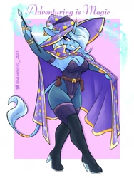 Size: 1800x2400 | Tagged: safe, artist:ambris, imported from derpibooru, trixie, anthro, unicorn, adventuring is magic, bedroom eyes, belt, boots, breasts, busty trixie, cape, clothes, corset, dungeons and dragons, ear piercing, earring, eyeshadow, fantasy class, female, fishnets, grin, hat, high heel boots, horn, horn ring, illusionist, jewelry, leonine tail, leotard, magic, magic wand, makeup, pen and paper rpg, piercing, pouch, ring, rpg, shoes, smiling, solo, tail, trixie's cape, trixie's hat, wizard