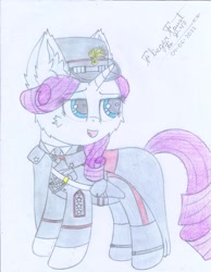 Size: 1700x2194 | Tagged: safe, artist:fliegerfausttop47, imported from derpibooru, rarity, blue eyes, boots, cape, carabinieri, cheek fluff, clothes, description is relevant, detailed, ear fluff, fashion, female, gloves, hat, holster, italian, looking at something, looking sideways, military uniform, offscreen character, purple mane, shoes, signature, simple background, smug, smugity, solo, stars, story included, traditional art, uniform, white background