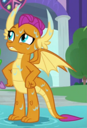 Size: 491x723 | Tagged: safe, imported from derpibooru, screencap, smolder, dragon, a rockhoof and a hard place, season 8, spoiler:s08, cropped, dragoness, female, hand on hip, partially open wings, raised eyebrow, solo, wet, wings