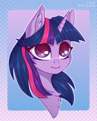 Size: 2700x3375 | Tagged: safe, artist:ingolf arts, imported from derpibooru, twilight sparkle, pony, unicorn, bust, chest fluff, cute, ear fluff, female, floppy ears, high res, horn, looking at you, mare, smiling, solo, stars, unicorn twilight