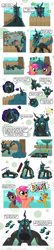 Size: 1640x7585 | Tagged: safe, artist:tuft~, imported from derpibooru, queen chrysalis, oc, changeling, changeling queen, earth pony, pegasus, pony, unicorn, balloon, bouncy castle, butt, comic, dialogue, female, fence, imminent vore, inanimate tf, jojo's bizarre adventure, menacing, objectification, plot, stomach noise, transformation, tree, ゴ ゴ ゴ