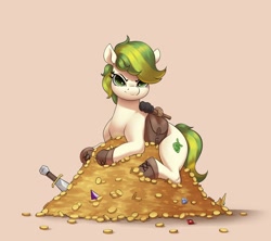 Size: 2048x1820 | Tagged: safe, artist:aquaticvibes, imported from derpibooru, oc, oc only, oc:karakusa, earth pony, pony, bag, boots, diamond, female, filly, foal, frown, gem, glare, gold, greedy, hug, loot, lying down, prone, ruby, saddle bag, shoes, sitting, solo, sword, torch, treasure, weapon