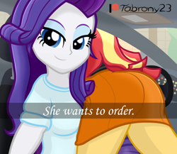 Size: 792x688 | Tagged: safe, artist:tabrony23, imported from derpibooru, rarity, sunset shimmer, human, equestria girls, ass, beautiful, bunset shimmer, butt, car, car interior, clothes, duo, duo female, eyes closed, fanart, female, he wants to order, looking at you, looking back, meme, patreon, patreon logo, selfie, sexy, signature, skirt, smiling, smiling at you, stupid sexy sunset shimmer