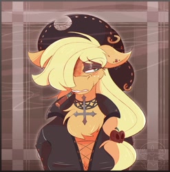 Size: 1108x1122 | Tagged: safe, artist:burgivore, imported from derpibooru, applejack, anthro, earth pony, breasts, chest fluff, choker, cigar, cleavage, cross, ear piercing, earring, goth, hair over one eye, inverted cross, jewelry, lidded eyes, piercing, smoking, solo