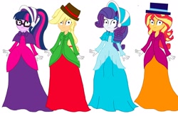Size: 2266x1488 | Tagged: safe, artist:artsymlp12, imported from derpibooru, applejack, rarity, sci-twi, sunset shimmer, twilight sparkle, human, equestria girls, clothes, dress, hypnosis, hypnotized, long dress, long skirt, simple background, skirt, white background