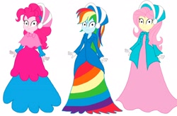 Size: 2266x1488 | Tagged: safe, artist:artsymlp12, imported from derpibooru, fluttershy, pinkie pie, rainbow dash, human, equestria girls, clothes, dress, hypnosis, hypnotized, long dress, long skirt, simple background, skirt, white background