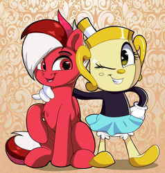 Size: 2470x2600 | Tagged: safe, artist:joaothejohn, imported from derpibooru, oc, oc only, oc:flamebrush, pegasus, pony, bloomers, clothes, crossover, cuphead, cute, fingers, hug, looking at each other, looking at someone, ms. chalice, one eye closed, pegasus oc, simple background, sitting, skirt, wings, wink