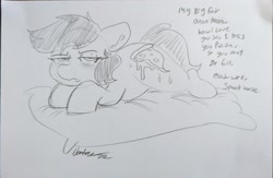 Size: 1808x1181 | Tagged: safe, artist:nootaz, imported from derpibooru, oc, oc only, oc:anon-mare, earth pony, pony, female, food, grayscale, mare, monochrome, pencil drawing, pillow, pizza, signature, solo, traditional art, unamused