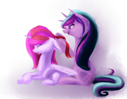 Size: 1937x1520 | Tagged: safe, artist:theartflower, imported from derpibooru, oc, oc only, oc:mardelia, oc:mary-joe, alicorn, pony, unicorn, alicorn oc, bow, duo, eyes closed, female, hair bow, hair styling, horn, lying down, mare, prone, simple background, sitting, transparent background, unicorn oc, wings