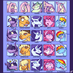 Size: 2000x2000 | Tagged: safe, artist:impyboi, imported from derpibooru, applejack, fluttershy, pinkie pie, rainbow dash, rarity, spike, twilight sparkle, earth pony, pegasus, pony, unicorn, alternate design, cartoony, drawing meme, emotional spectrum, emotions, expressions, facial expressions, redesign, unicorn twilight