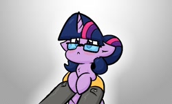 Size: 830x502 | Tagged: safe, artist:zutcha, imported from derpibooru, sci-twi, twilight sparkle, human, pony, unicorn, equestria girls, :<, equestria girls ponified, explain your smolness, floppy ears, glasses, holding a pony, offscreen character, ponified, solo, unicorn sci-twi, what do you want