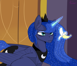 Size: 1400x1200 | Tagged: safe, artist:kiararrr, imported from derpibooru, princess luna, alicorn, pony, a royal problem, season 7, banana, female, food, scene interpretation, solo