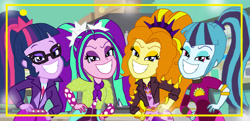 Size: 4999x2425 | Tagged: safe, artist:bigpurplemuppet99, imported from derpibooru, adagio dazzle, aria blaze, sci-twi, sonata dusk, twilight sparkle, human, equestria girls, greenbutt pants, music festival outfit, taco dress, the dazzlings